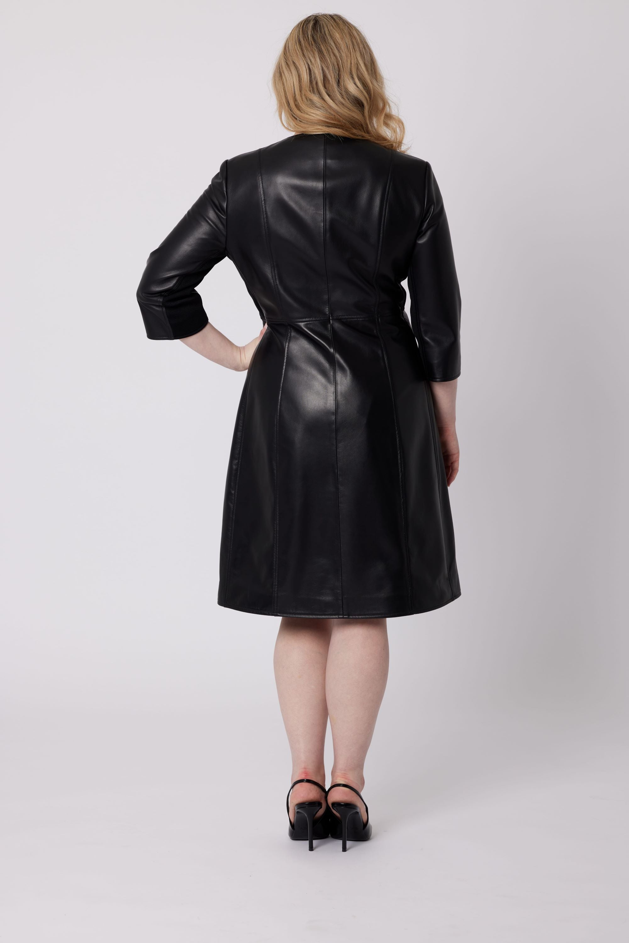 Zipper Front Black Leather Coat Dress for Women SBxHD