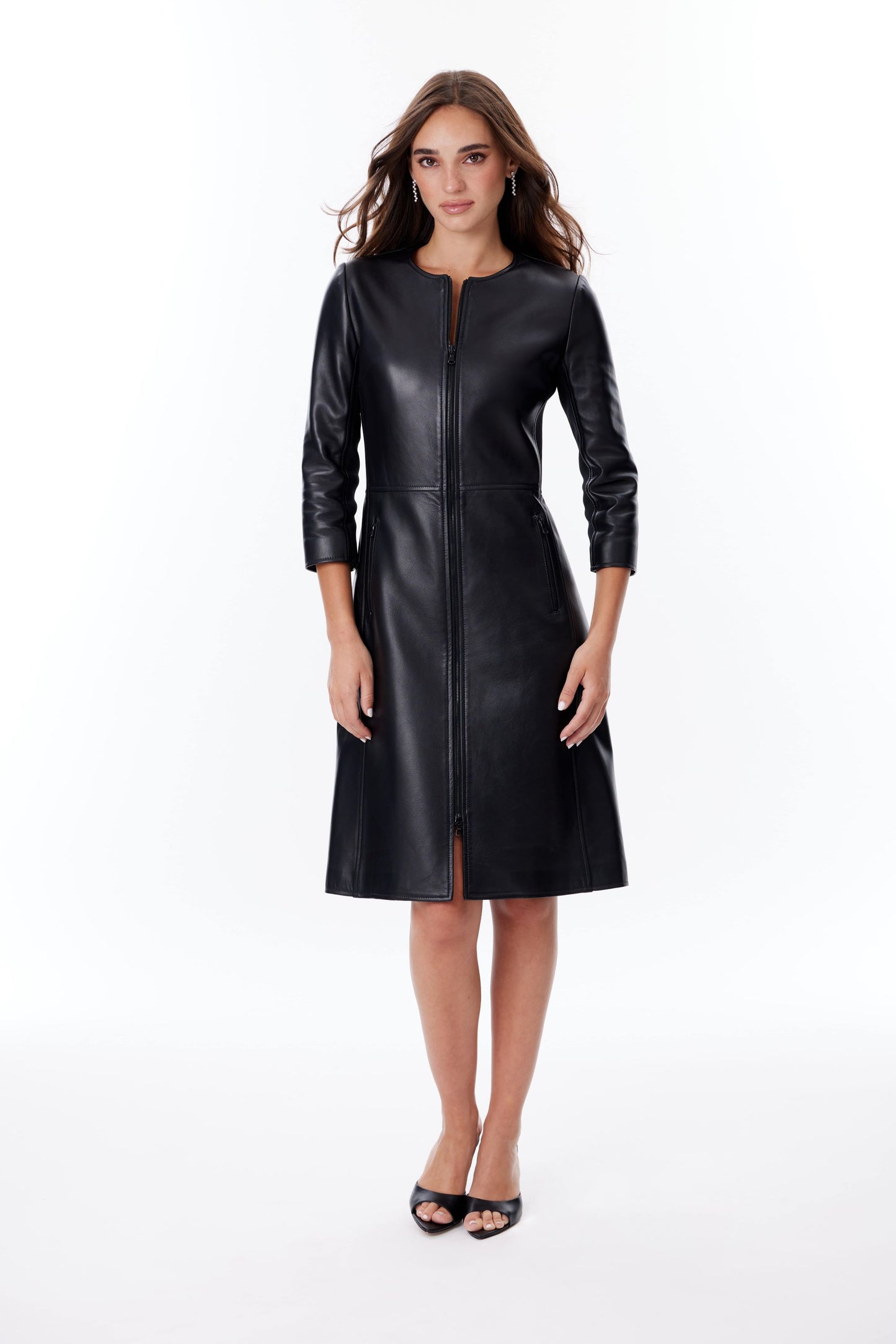 Zipper-Front Leather Coat Dress